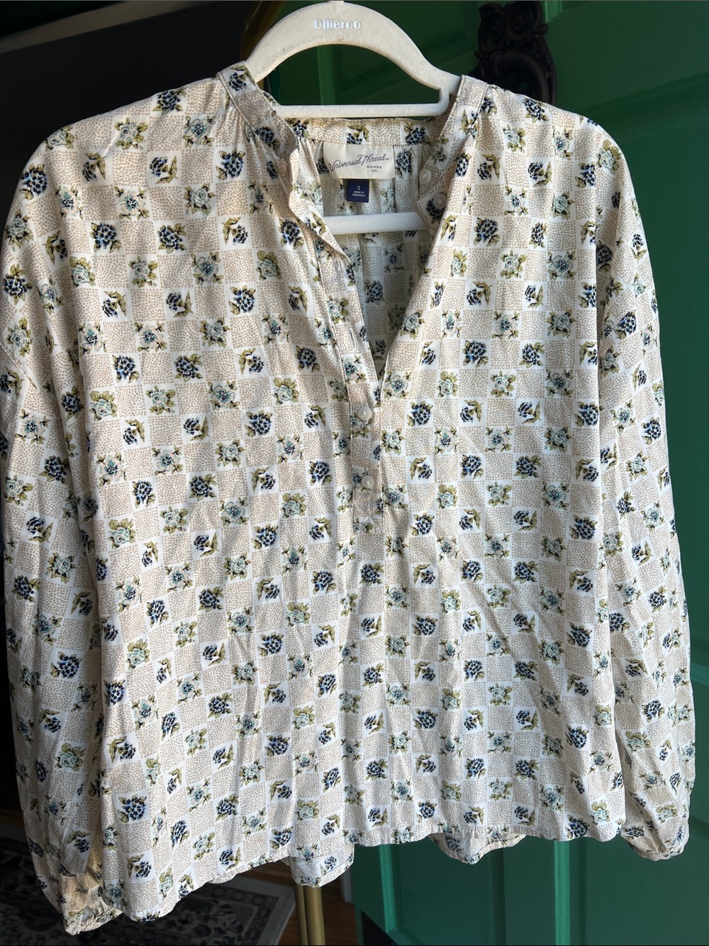 Universal Thread Cream Button-Down Shirt with Green and Blue Floral Check